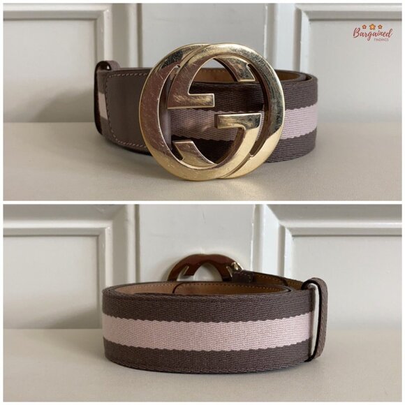 Authentic Gucci Taupe/Pink Web Leather Gold Interlocking G Buckle Belt 80/32 - Picture 3 of 13